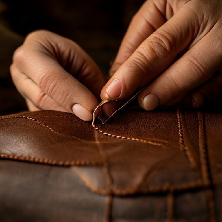 Hands saddle-stitching brown leather